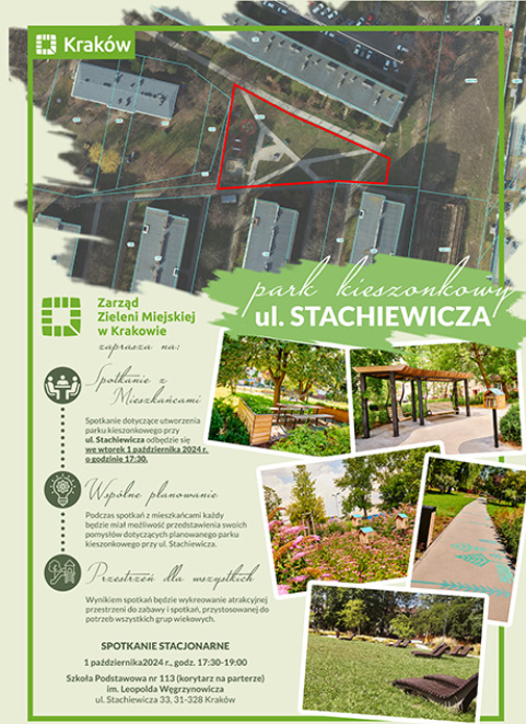 Zdjęcie przedstawia grafikę informacyjną "ul.Stachiewicza" Zarząd Zieleni Miejskich w Krakowie