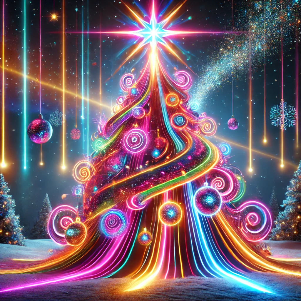 Grafika prezentująca kolorową choinkę z bombkami i gwiazdą