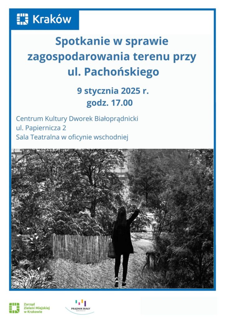 plakat dotyczący spotkania w sprawia zagospodarowania terenu przy ulicy Pachońskiego