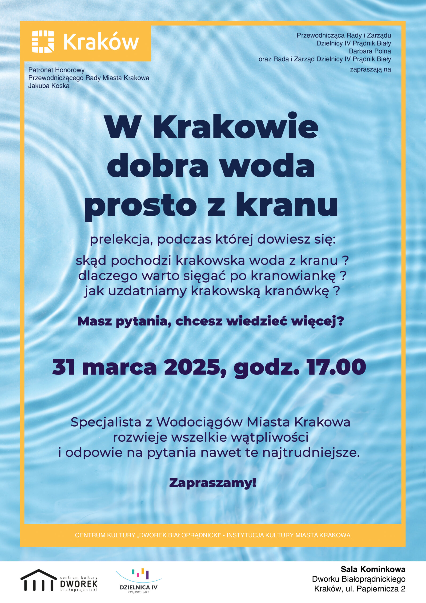 plakat zaproszenie na prelekcje na temat wody z kranu