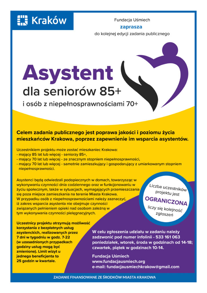 Plakat informujący o akcji "Asystent dla seniorów 85+ i osób z niepełnosprawnościami 70+" W celu zgłoszenia udziału w zadaniu należy zadzwonić pod numer infolinii 533161063 - poniedziałek, wtorek, środa w godzinach od 14 do 18; czwartek, piątek w godzinach 10-14.
