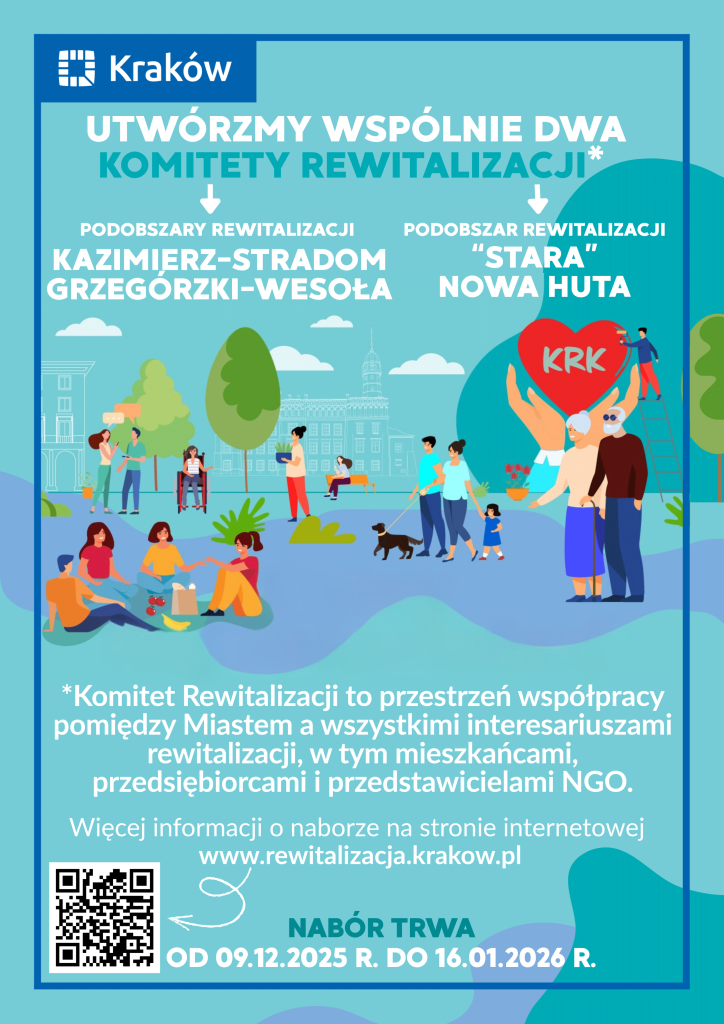 Plakat informujący o utworzeniu komitetów rewitalizacji dla podobszarów Kazimierz-Stradom i Grzegórzki-Wesoła oraz osobnego dla podobszaru „stara” Nowa Huta.