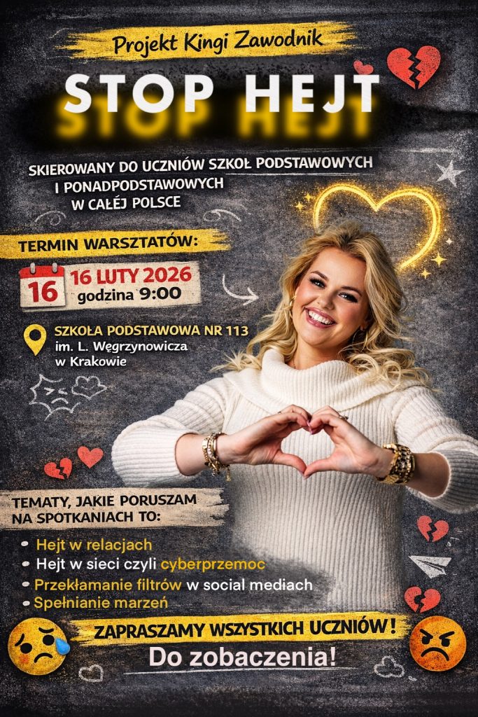 Plakat promujący akcję stop hej. Informuje o warsztatach w dniu 16 lutego 206 o godzinie 9:00