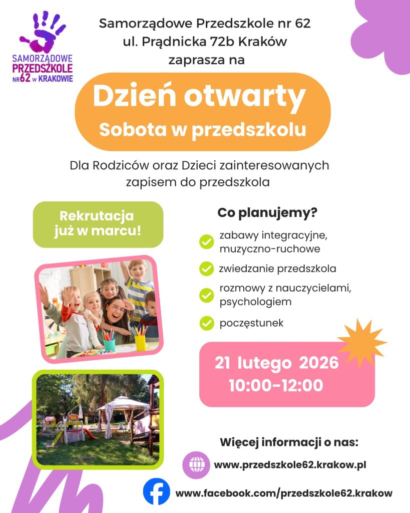 Plakat informujący o dniu otwartym w przedszkolu samorządowym nr 62 w dniu 21 lutego