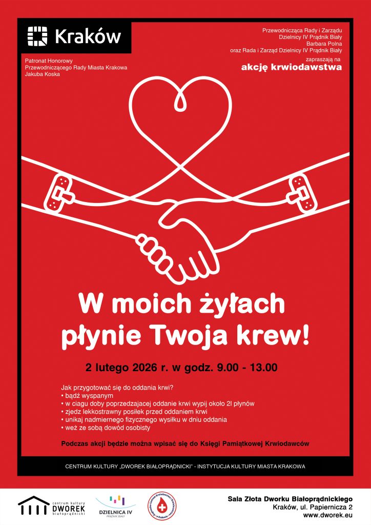 plakat akcji krwiodawstwa - w dniu 2 lutego 2026 w godzinach od 9 do 13