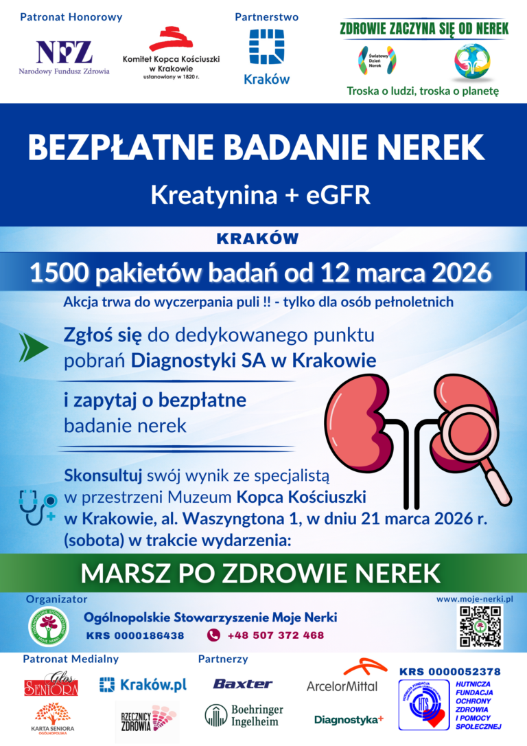Plakat informujący o możliwości bezpłatnego zbadania nerek w dniu 12 marca.