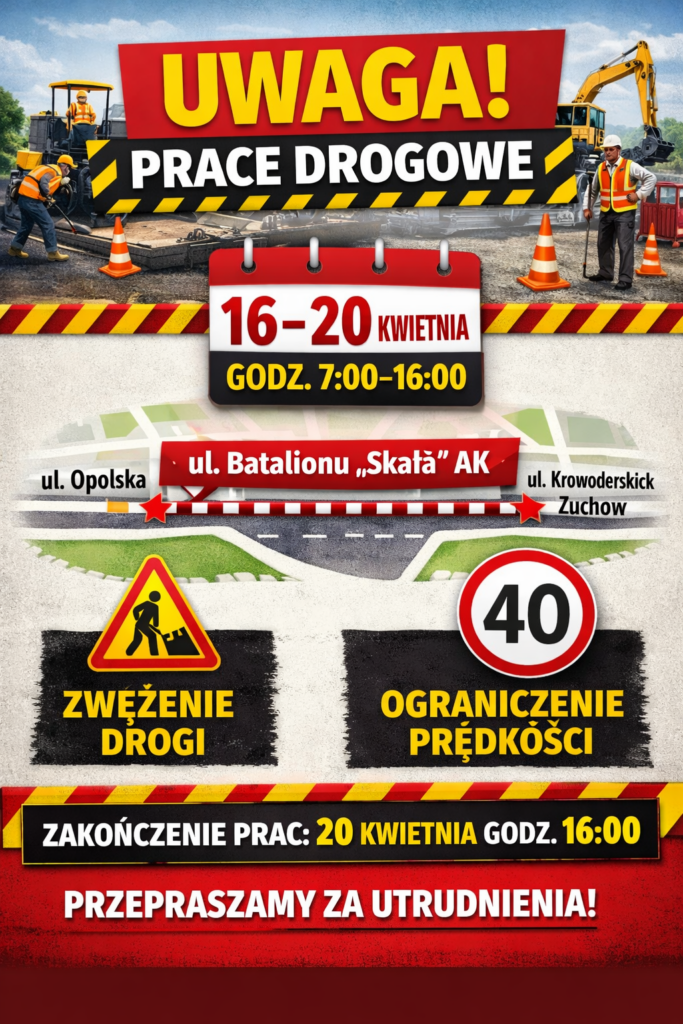 Informacja o pracach remontowych na uk. Batalionu "Skała" AK w dniach 16-20 kwietnia w godzinach 7:00-16:00