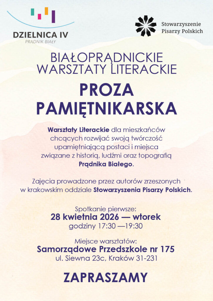 Informacje nt. akcji białoprądnickie warsztaty literackie, organizowanych w dn. 28 kwietnia 2026 w godzinach 17:30 - 19:30 w samorządowym przedszkolu nr 175
