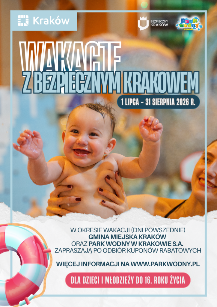 Plakat akcji "Wakacje z bezpiecznym Krakowem", który trwa w terminie od 1 lipca do 31 sierpnia 2026.